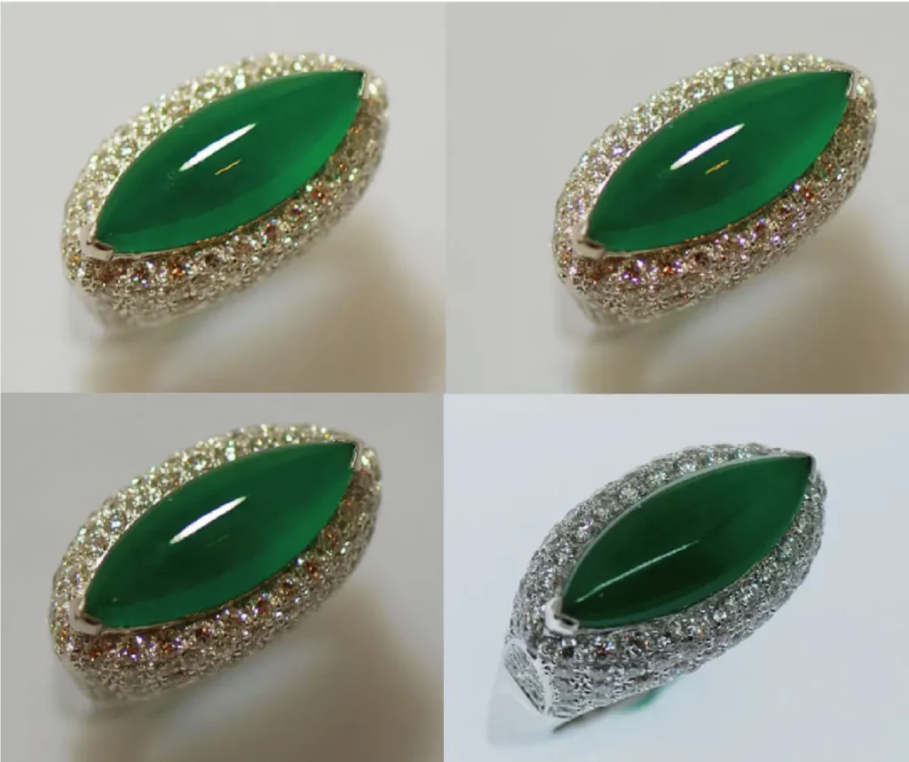 在四種不同光源和同樣白色背景中，
同一只深綠色的翡翠戒指，左上方為
鮮豔的翠綠色、右下方為暗綠色，感
覺差距很小，價錢差距很大。
